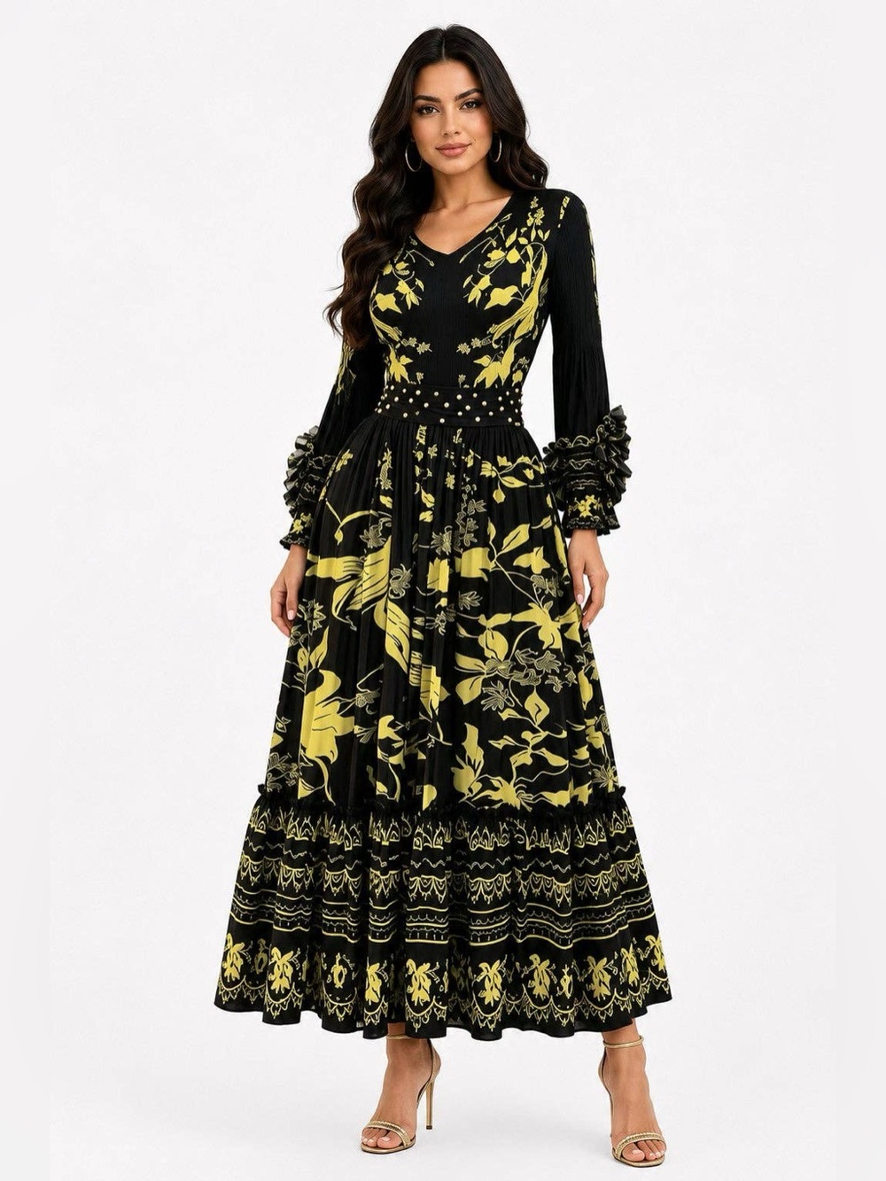 Black and Yellow Floral Maxi Dress with Ruffled Sleeve Detail